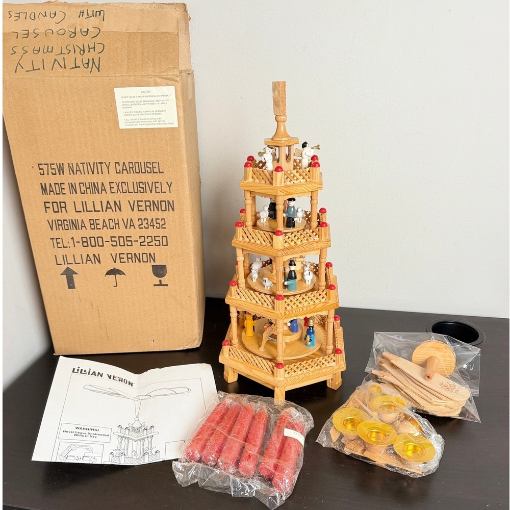 Lillian Vernon 4 Tier Wooden Nativity Christmas Pyramid Carousel with Candles